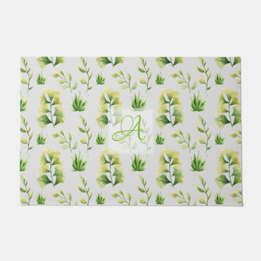 ボタニモノグラムのック葉スウォーターカラーグリーンデコ ドアマット (正面)