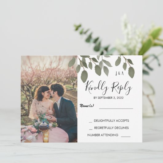 ボタニ素朴カルモノグラムのフォトウェディングRSVP 招待状 (スタンド正面)