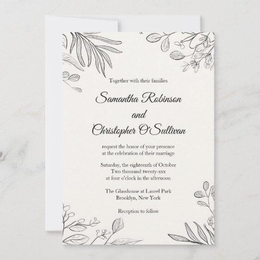 ボタミニマルニカルラインア結婚ート 招待状 (正面)