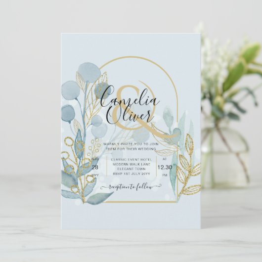 ボタモダンニカルアクアシーグラス金ゴールド結婚式の招待 招待状 (スタンド正面)