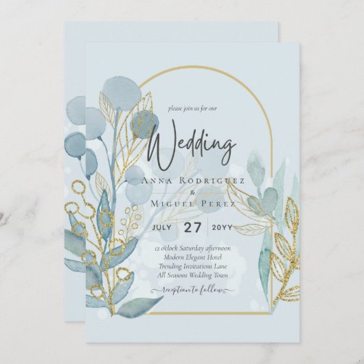 ボタモダンニカルアクアシーグラス金ゴールド結婚式の招待 招待状 (正面/裏面)