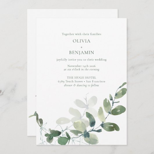 ボタモダンニカルグエレガントリーンユーカリ結婚ス 招待状 (正面/裏面)
