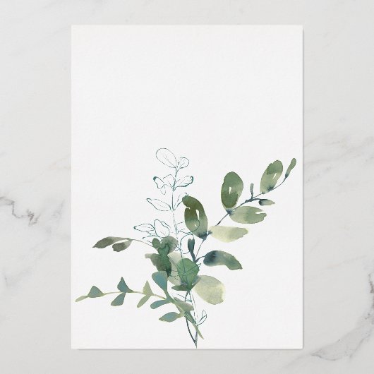 ボタモダンニカルグエレガントリーンユーカリ結婚ス 箔招待状 (裏面)