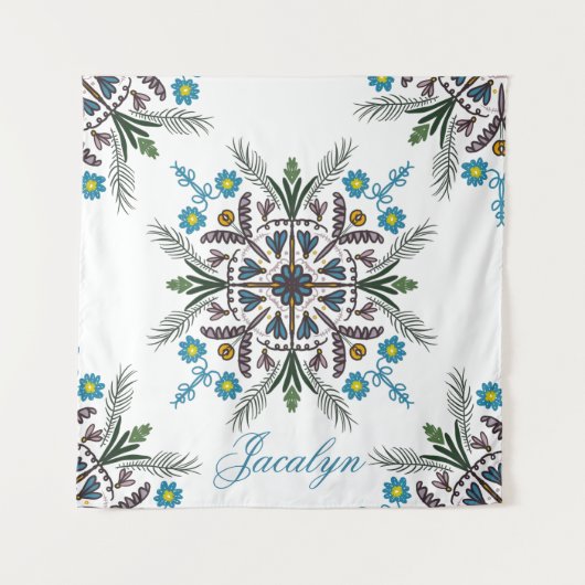 ボタモダンニカルグリーンリーボヘミアンマンダラの名前 タペストリー (正面)