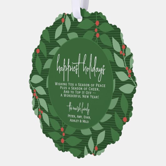 ボタモダンニカルグリーン – 写真 – 最も幸せな休日 オーナメントカード (左)