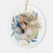 ボタモダンニカルネイビーブルー初めてのクリスマスカップル セラミックオーナメント (左)