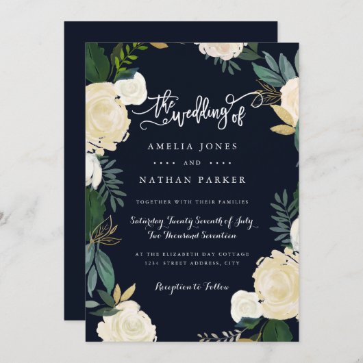 ボタモダンニカルネイビー結婚式招待状 招待状 (正面/裏面)