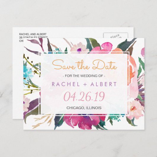 ボタモダンニカルフローラ結婚式の日付を保存 案内ポストカード (正面/裏面)