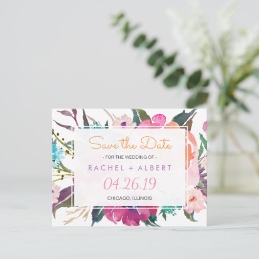 ボタモダンニカルフローラ結婚式の日付を保存 案内ポストカード (スタンド正面)