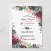 ボタモダンニカルブルゴーニュ海軍ピンクフローラ結婚ズ 招待状 (正面)