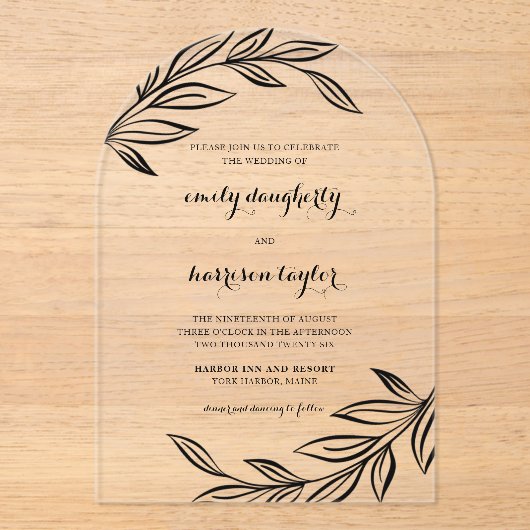 ボタモダンニカル黒図解入りの、写真付きの離れ アクリル招待状 (正面)