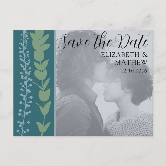 ボタユニークニカルグリーンSave the Date 結婚's 案内ポストカード (正面)