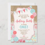 ボタンとしてかわいい第1誕生日の招待状の女の子 招待状 (正面)