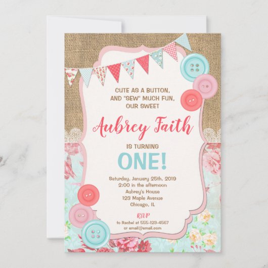 ボタンとしてかわいい第1誕生日の招待状の女の子 招待状 (正面)