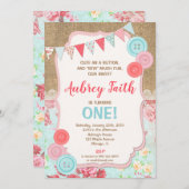 ボタンとしてかわいい第1誕生日の招待状の女の子 招待状 (正面/裏面)