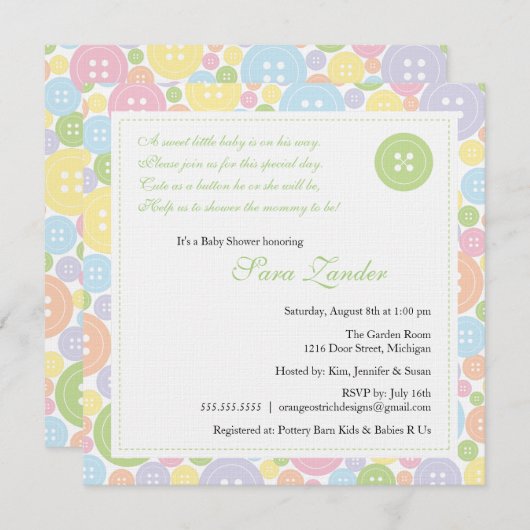 ボタンのようにかわいいベビーシャワー招待状 招待状 (正面/裏面)