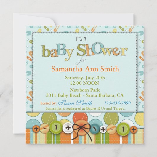 ボタンのようにかわいい男の赤ちゃんのベビーシャワー 招待状 (裏面)