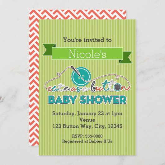 ボタンのように可愛い緑のベビーシャワー招待状 招待状 (正面/裏面)