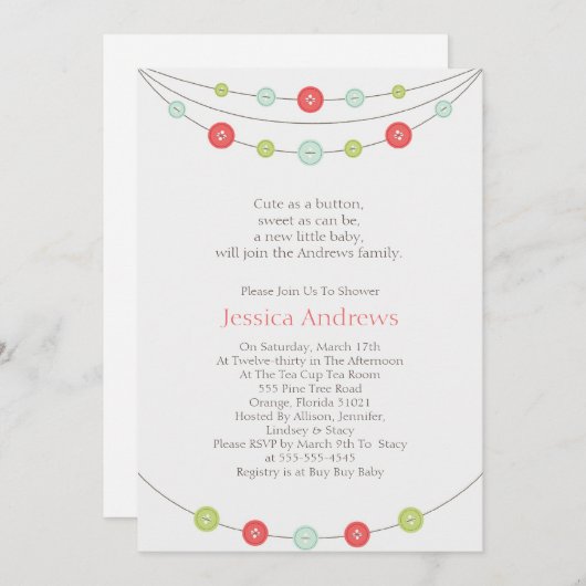 ボタンのベビーシャワーの招待状としてかわいい 招待状 (正面/裏面)