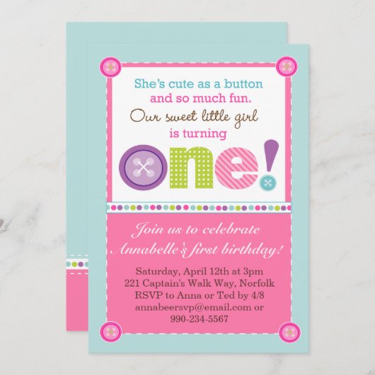 ボタンの最初誕生日(写真)としてかわいい 招待状 (正面/裏面)