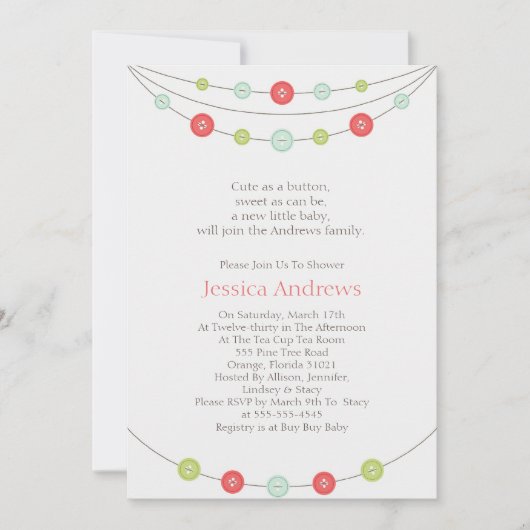 ボタンみたいにカワイイ！ベイビーシャワーパーティーへようこそ 招待状 (正面)