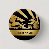 ボタンオートバイのバイクバイクもしくは自転車に乗る人金ゴールド 缶バッジ (正面)