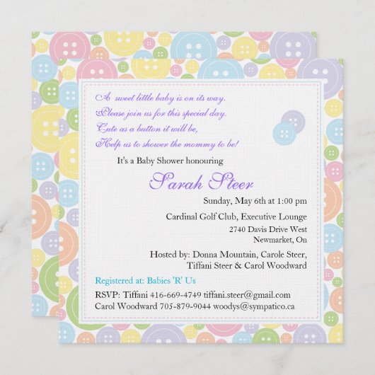 ボタンカスタムツインとしてかわいい赤ちゃんシャワー招待状 招待状 (正面/裏面)
