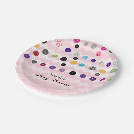 ボタンピンクの赤ちゃんシャワーパーティー ペーパープレート (アングル)