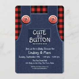 ボタンベビーシャワーとしてかわいいオーバーオールとフランネル 招待状