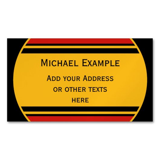 ボタン丸ストライプい文字の黒い赤い黄色+テキスト マグネット名刺 (正面)