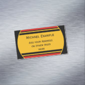 ボタン丸ストライプい文字の黒い赤い黄色+テキスト マグネット名刺 (インサイチュ)