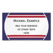 ボタン丸ストライプ色の青い赤い白+テキスト マグネット名刺 (正面)