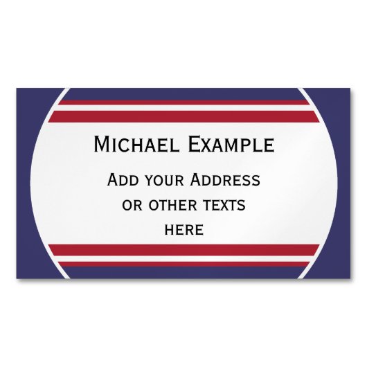 ボタン丸ストライプ色の青い赤い白+テキスト マグネット名刺 (正面)