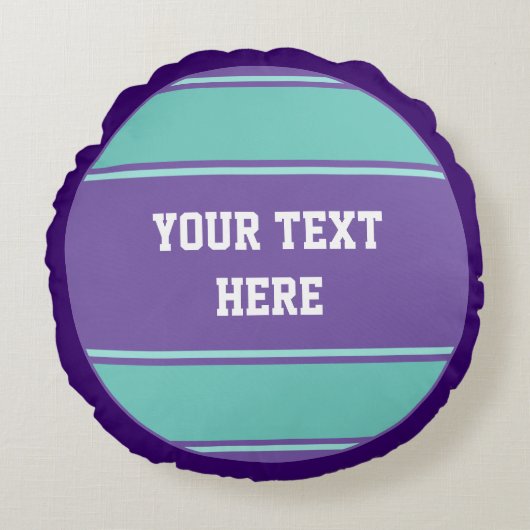 ボタン丸ストライプ色シアン+テキスト ラウンドクッション (正面)