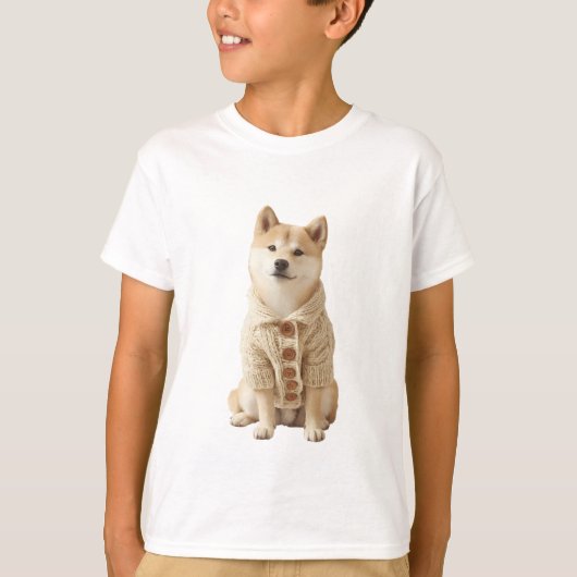 ボタン付きカーディガンを着た柴犬の子供服 Tシャツ (正面)