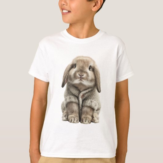 ボタン付きセーターを着たロップイヤー・バニー キッズ Tシャツ (正面)