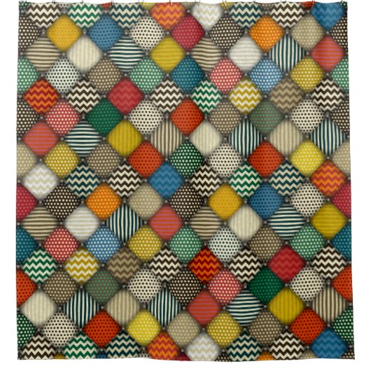 ボタン付きパッチのレトロ シャワーカーテン (正面)