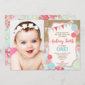 ボタン写真のように可愛い最初の1歳の誕生日の女の子 招待状 (正面/裏面)