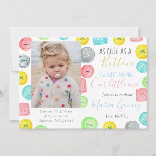 ボタン1枚目の誕生日写真のパーティー招待状 招待状 (正面)
