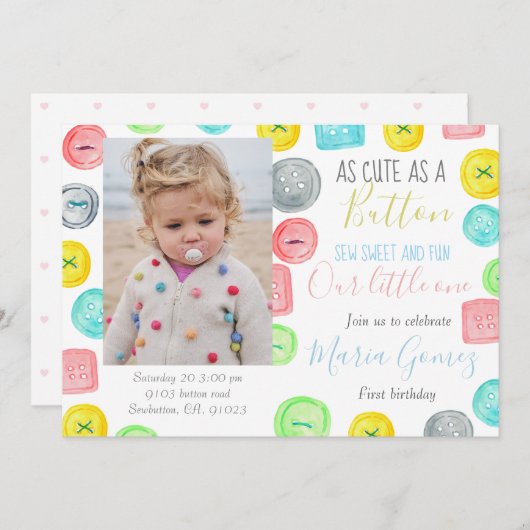 ボタン1枚目の誕生日写真のパーティー招待状 招待状 (正面/裏面)