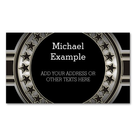 ボタン/バナー – 星シルバー黒+あなたのバック。 マグネット名刺 (正面)