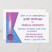 ボタン~紫、青、ピンクの誕生日招待状 招待状 (正面/裏面)