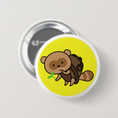 ボタン-葉が付いているやかんTanuki -黄色 缶バッジ (正面&裏面)