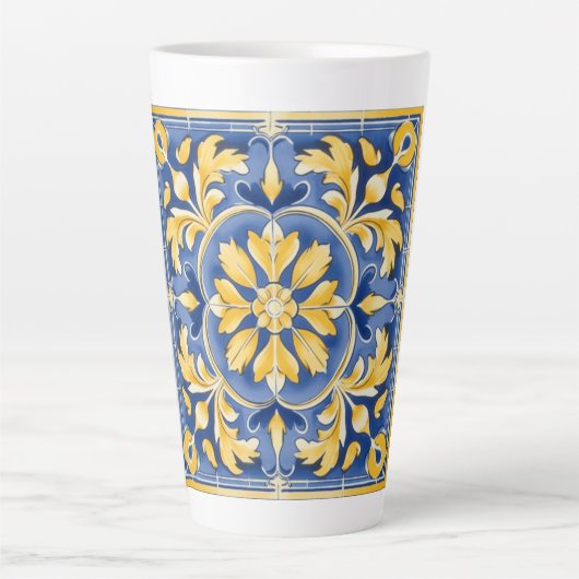 ボタ地中海のニカルパターン – 青と黄 カフェラテマグ (正面)