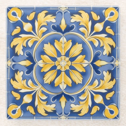 ボタ地中海のニカルパターン – 青と黄 ガラスコースター (正面)