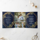 ボタ素朴ニカルオリーブ枝海軍ブルー結婚ズ 三つ折り招待状 (内部)