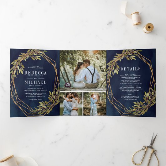 ボタ素朴ニカルオリーブ枝海軍ブルー結婚ズ 三つ折り招待状 (内部)