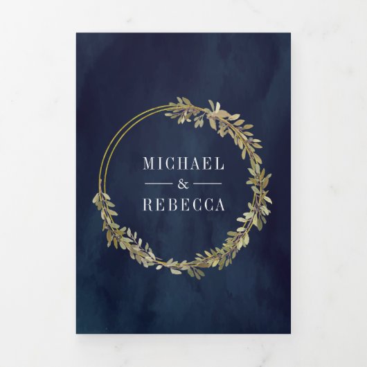 ボタ素朴ニカルオリーブ枝海軍ブルー結婚ズ 三つ折り招待状 (カバー)