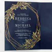 ボタ素朴ニカルオリーブ枝海軍ブルー結婚ズ 三つ折り招待状 (内部最初)