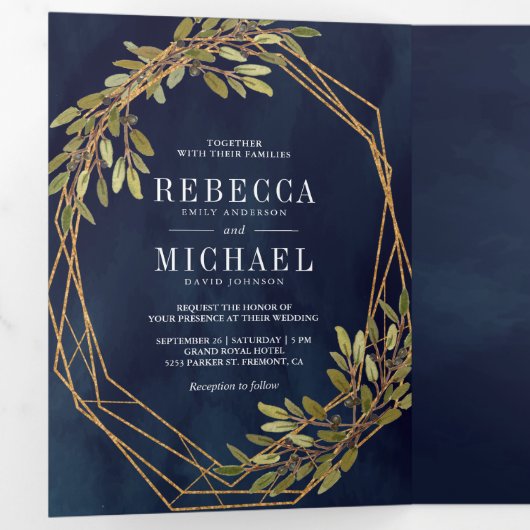 ボタ素朴ニカルオリーブ枝海軍ブルー結婚ズ 三つ折り招待状 (内部最初)